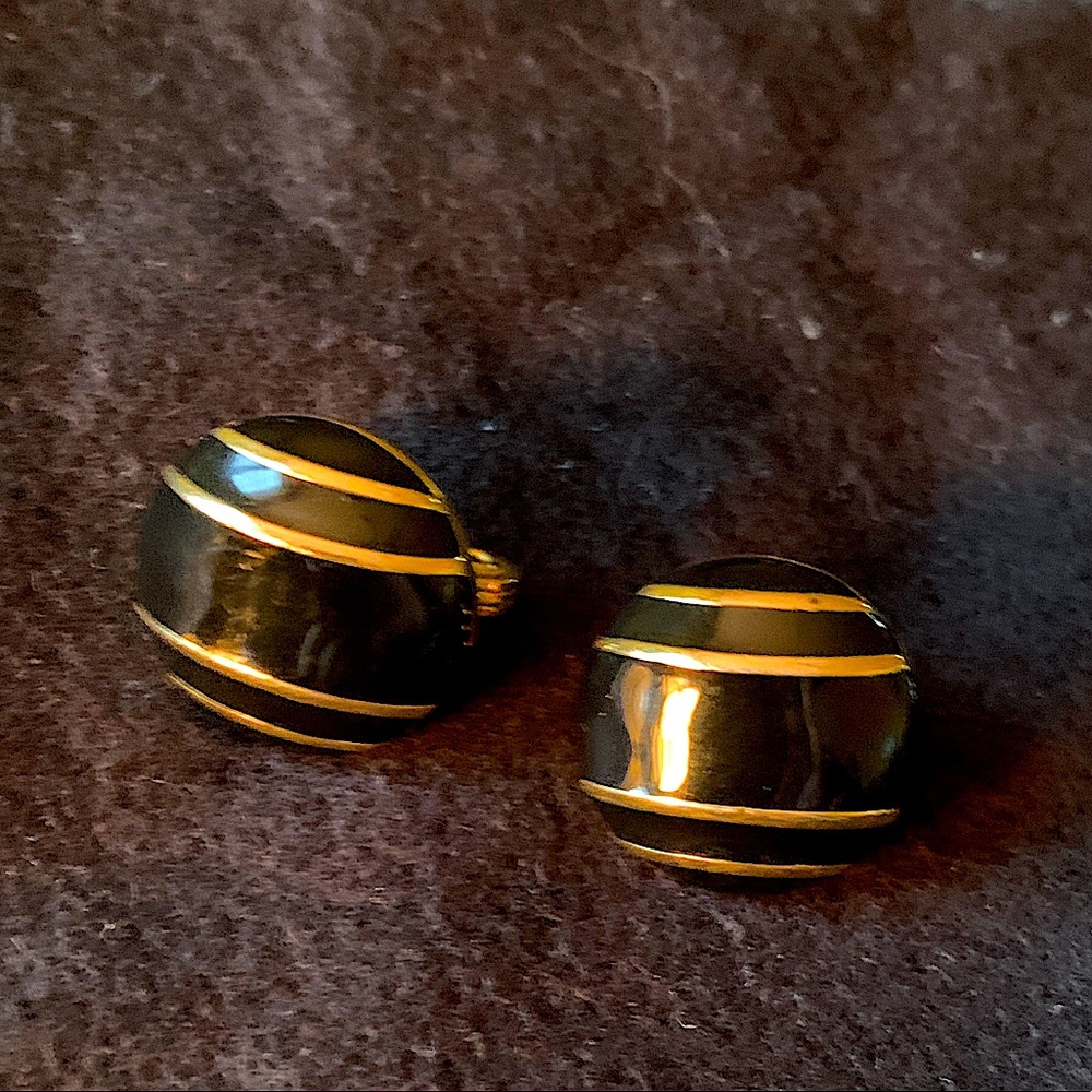 Vintage black and gold enamel clip earrings